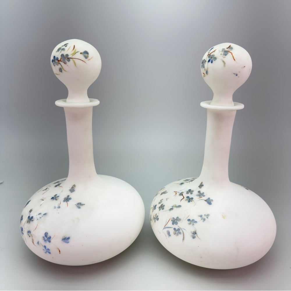 Antique Victorian HandPainted Milk Glass Decanters Barber Dresser Bottles - Picture 4 of 10